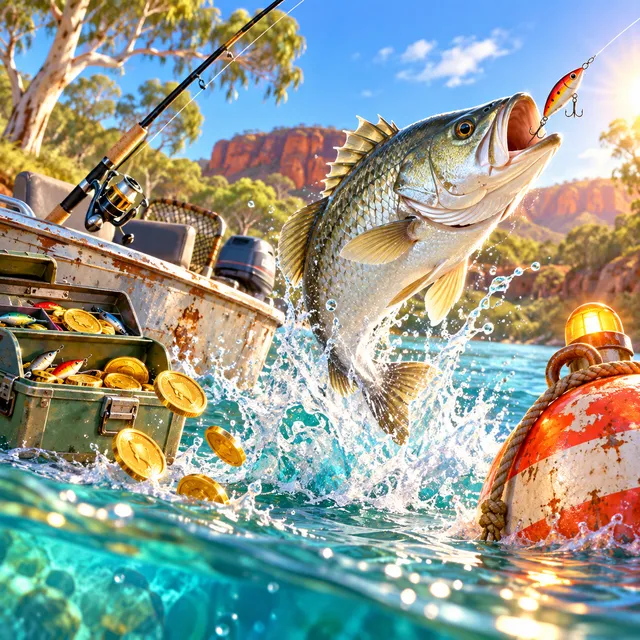 Barramundi leaping beside a fishing boat and glowing bonus buoy
