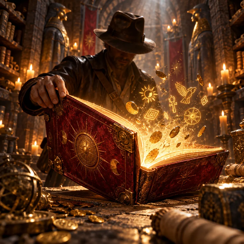Ancient red book glowing inside a candlelit stone archive