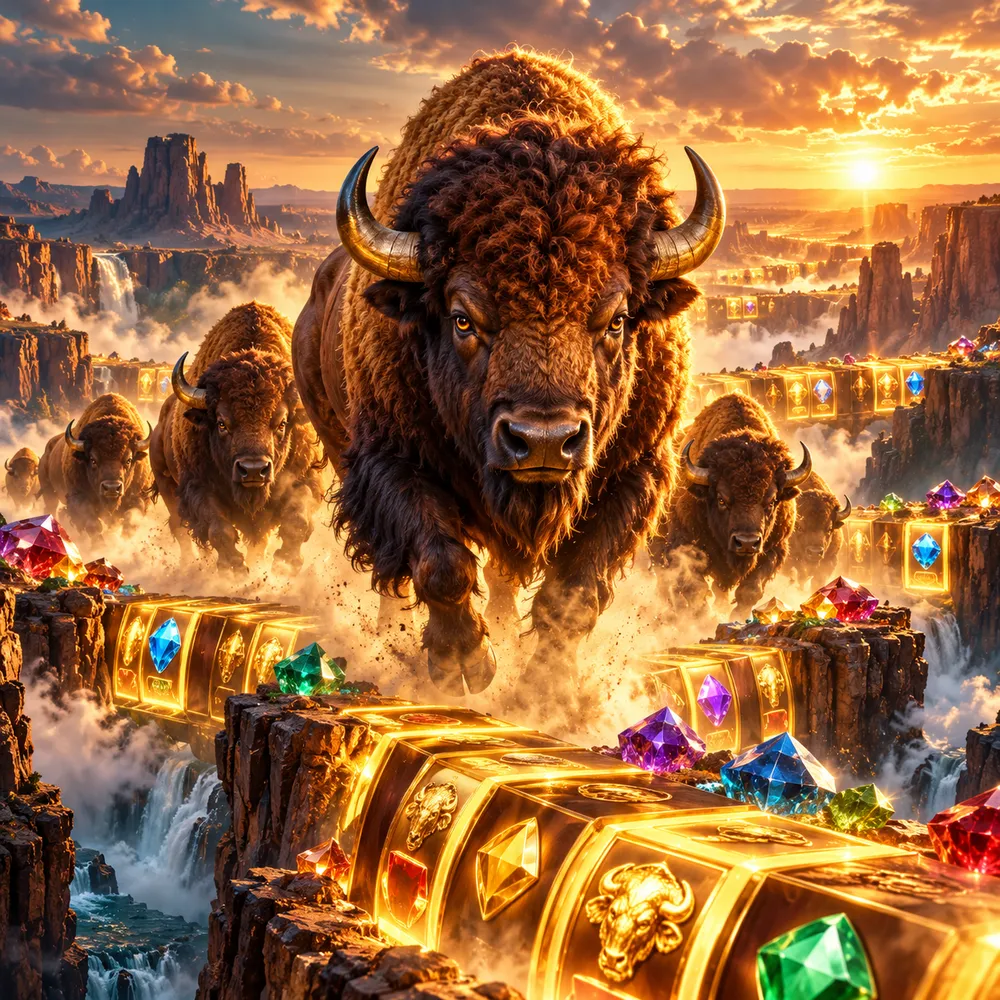 Buffalo stampede through a canyon of golden reel frames