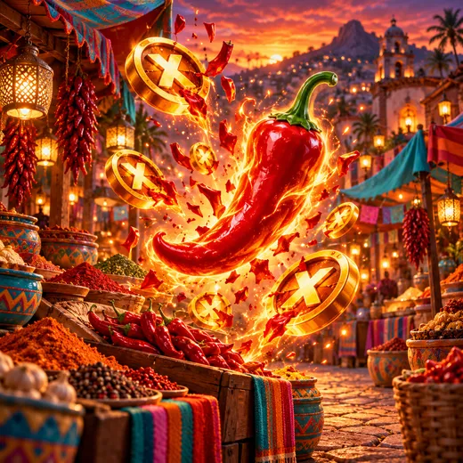 Blazing chilli peppers and multiplier coins over a colourful market
