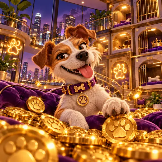 Cheeky terrier in a purple penthouse with paw-print coins