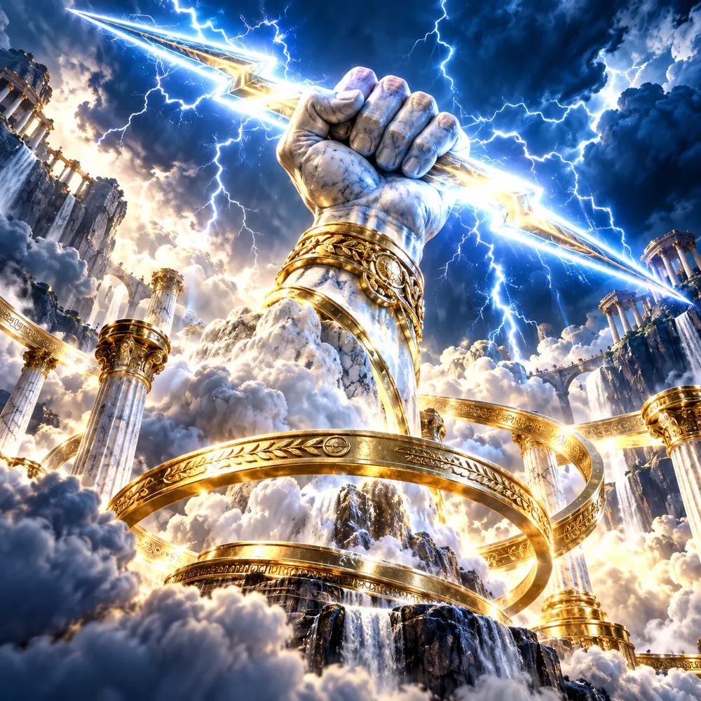 Lightning, marble architecture and golden rings in a mythic storm