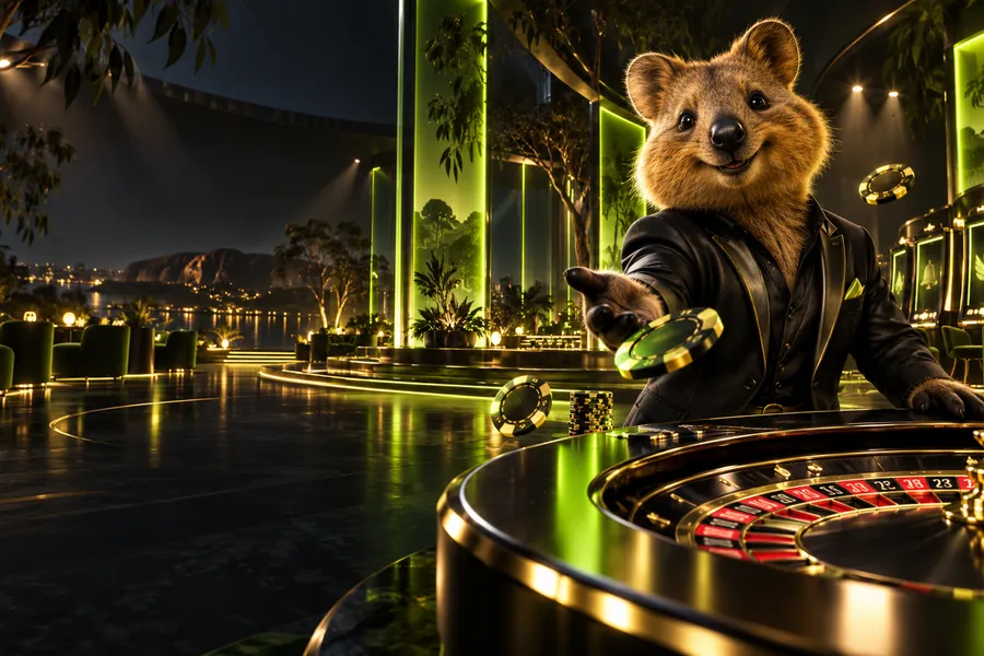 Original quokka host in a black and lime casino-inspired interior