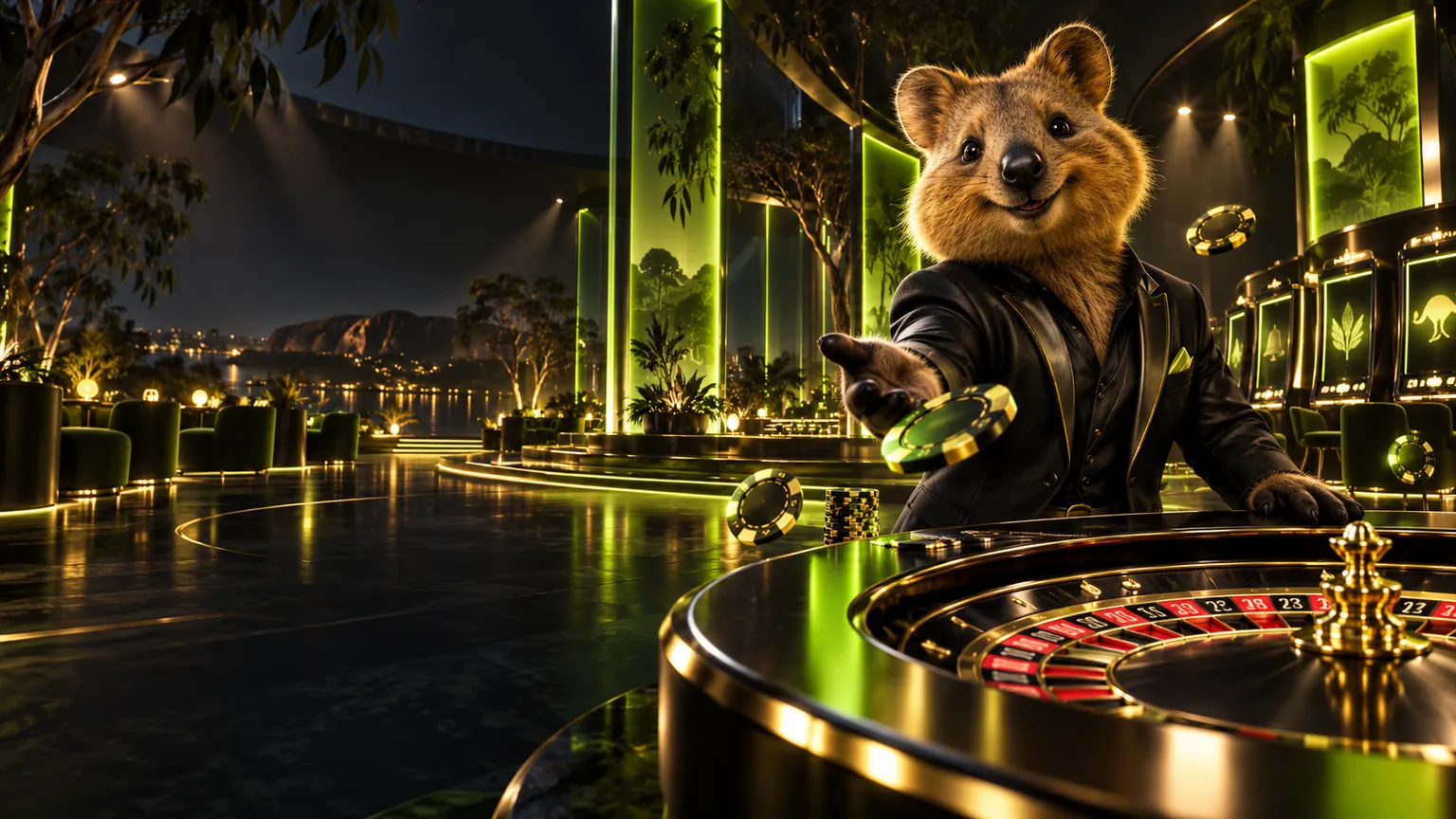 Original quokka host in a premium black and lime casino-inspired interior