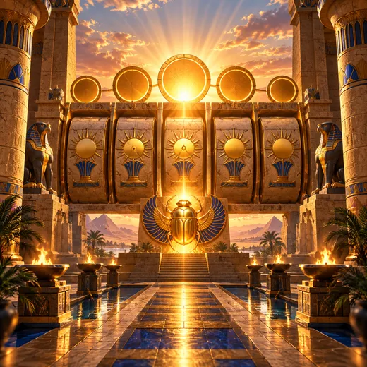 Five glowing sun discs aligned above a sandstone temple