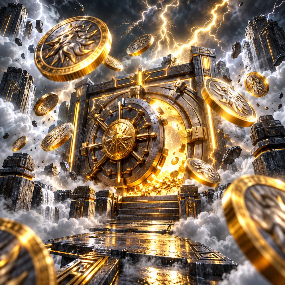 Oversized coins spinning through lightning into a metal vault