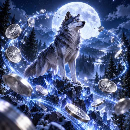 Moonlit wolf surrounded by silver coins and blue energy